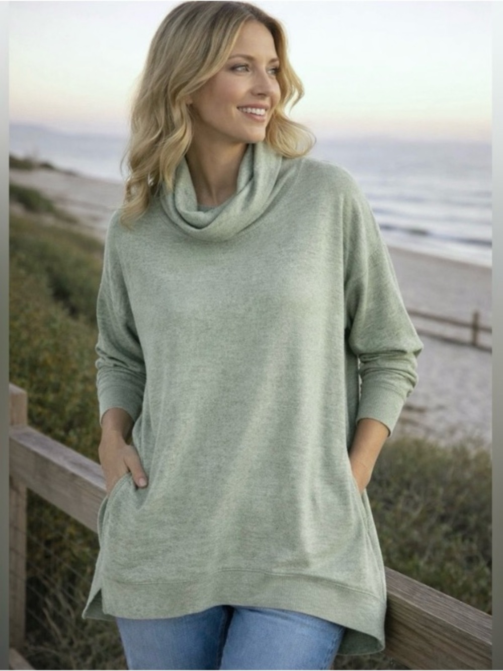 MAEVE Sweater NEW Tunic Super Soft Cowl Neck Sage Green Oversized Size XS
